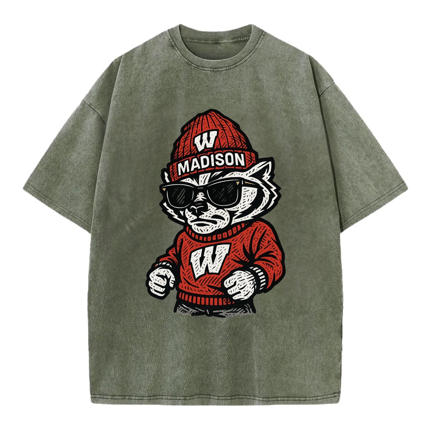 Madison Badger wearing Wisconsin beanie with motion W patch - Vintage T-shirt - Army Green