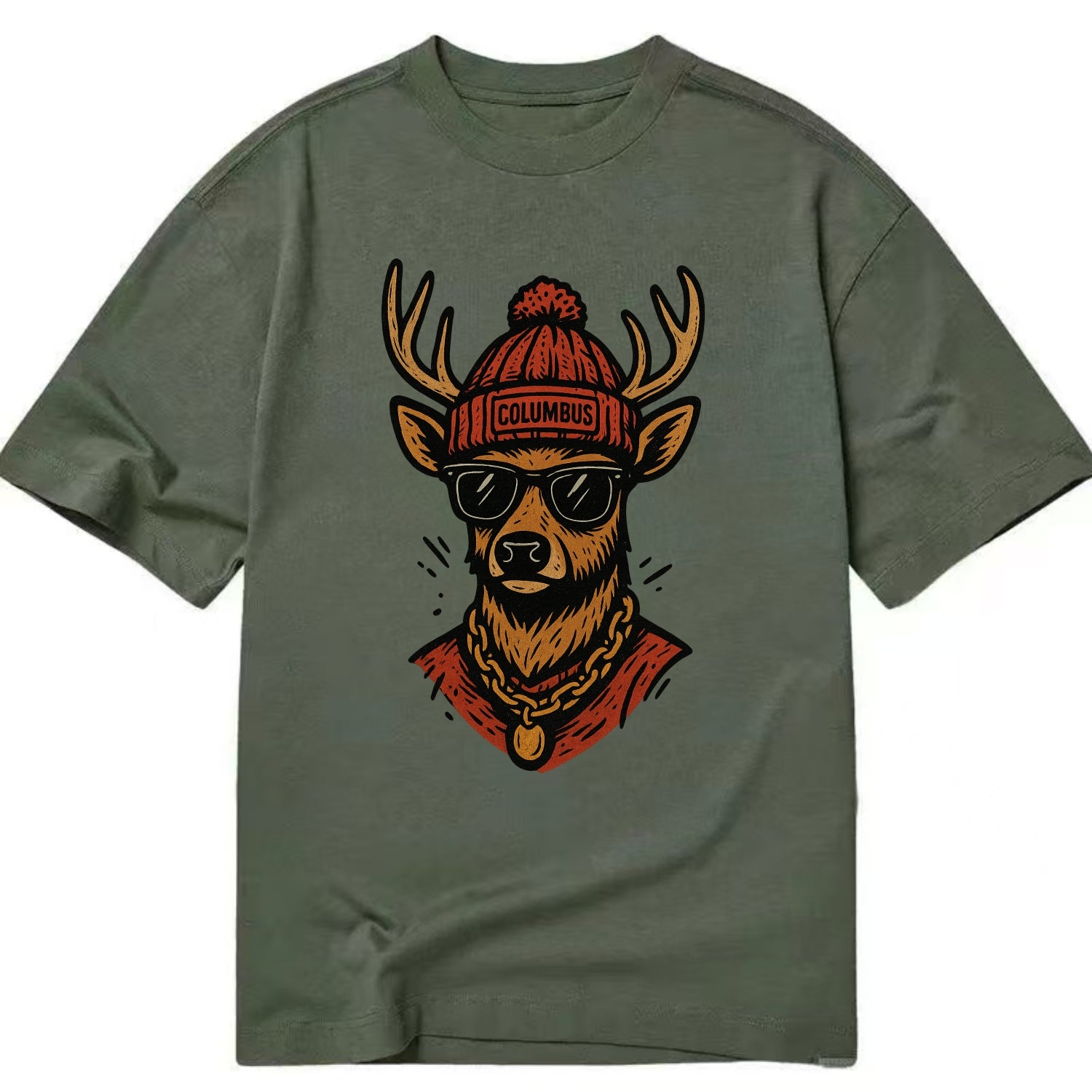 Columbus White-tailed Deer wearing Columbus beanie with pom pom and wayfarer - Classic T-shirt - Army Green