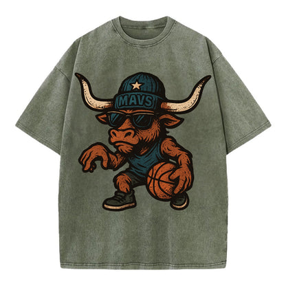 Texas Longhorn wearing Mavs beanie with lone star patch and wayfarer sunglasses - Vintage T-shirt - Army Green