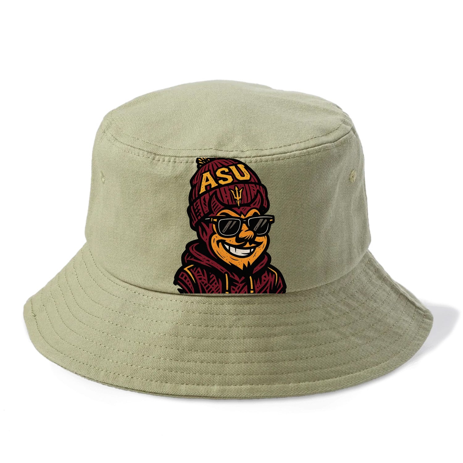 Tempe Sparky wearing Arizona State beanie with fork patch - Bucket Hat - Army Green
