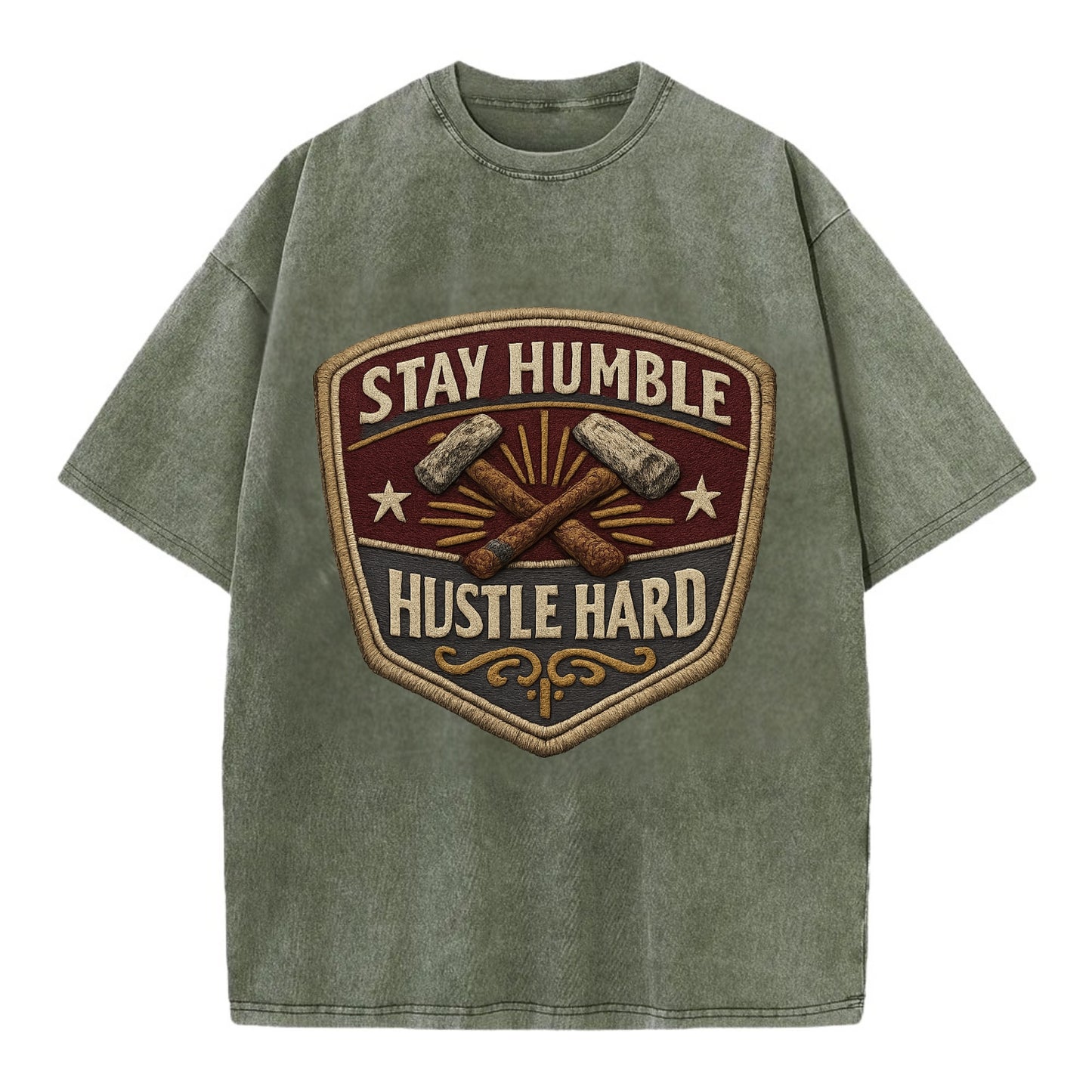STAY HUMBLE HUSTLE HARD - text in silver , work ethic - Vintage T-shirt - Army Green