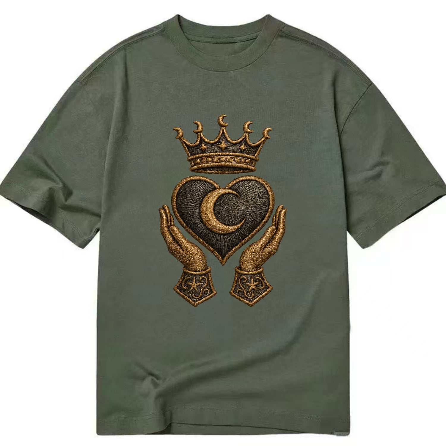 Moonlit crescent crown cradling a hematite heart with stargazer hands cupped - Classic T-shirt - Army Green