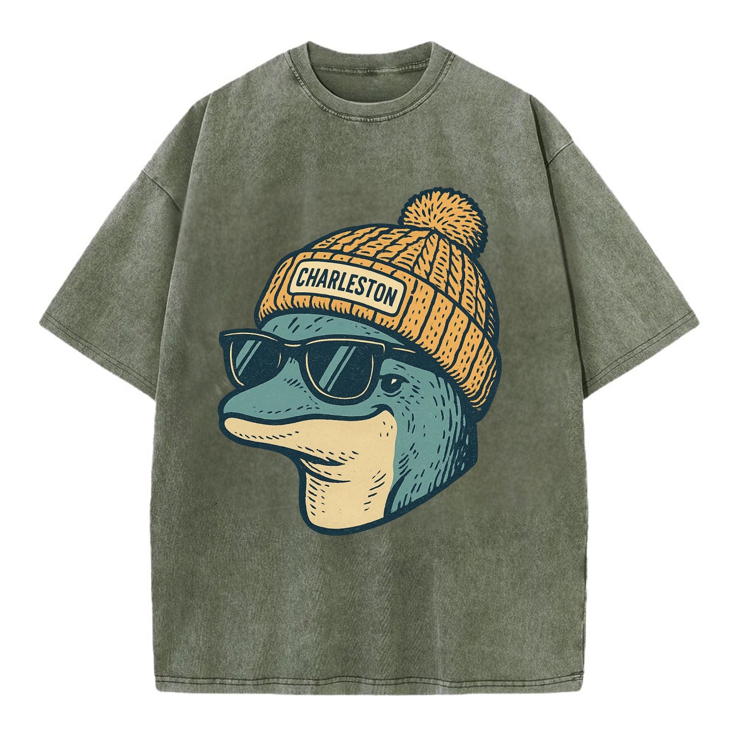 Charleston Dolphin wearing Charleston beanie with pom pom and wayfarer sunglasses - Vintage T-shirt - Army Green