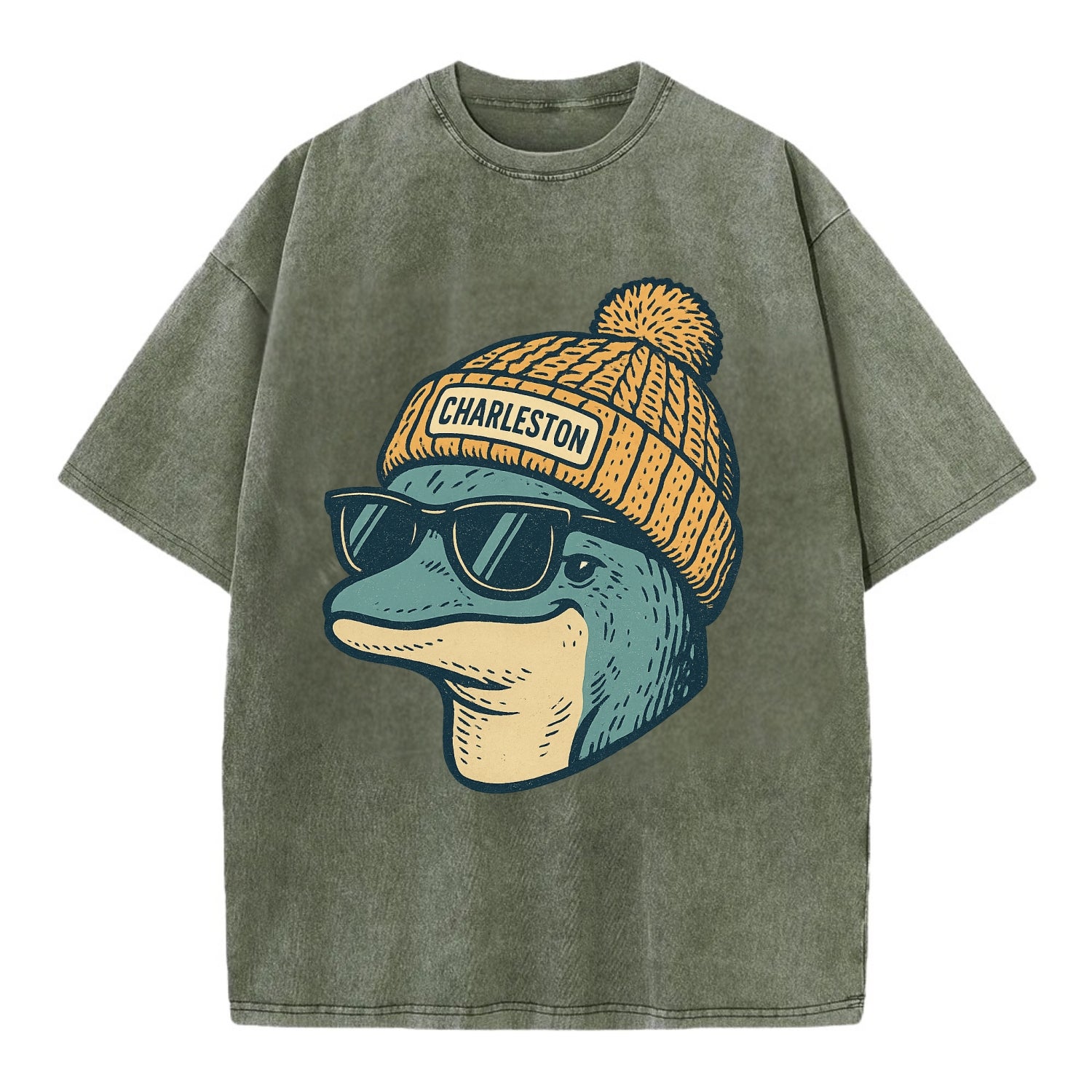 Charleston Dolphin wearing Charleston beanie with pom pom and wayfarer sunglasses - Vintage T-shirt - Army Green