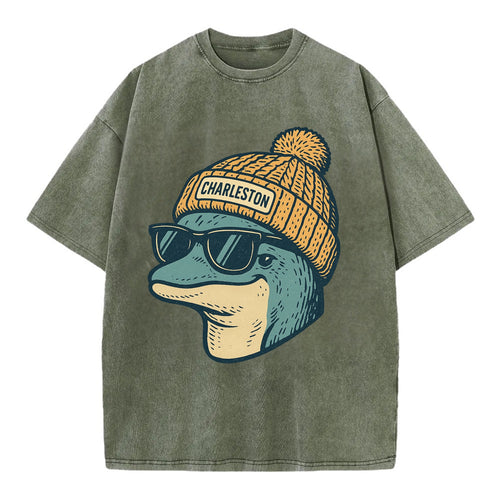 Charleston Dolphin wearing Charleston beanie with pom pom and wayfarer sunglasses - Vintage T-shirt