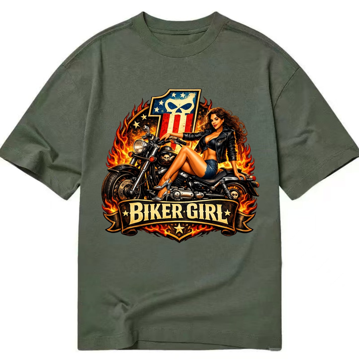 Vintage Biker Pin Up - Classic T-shirt - Army Green