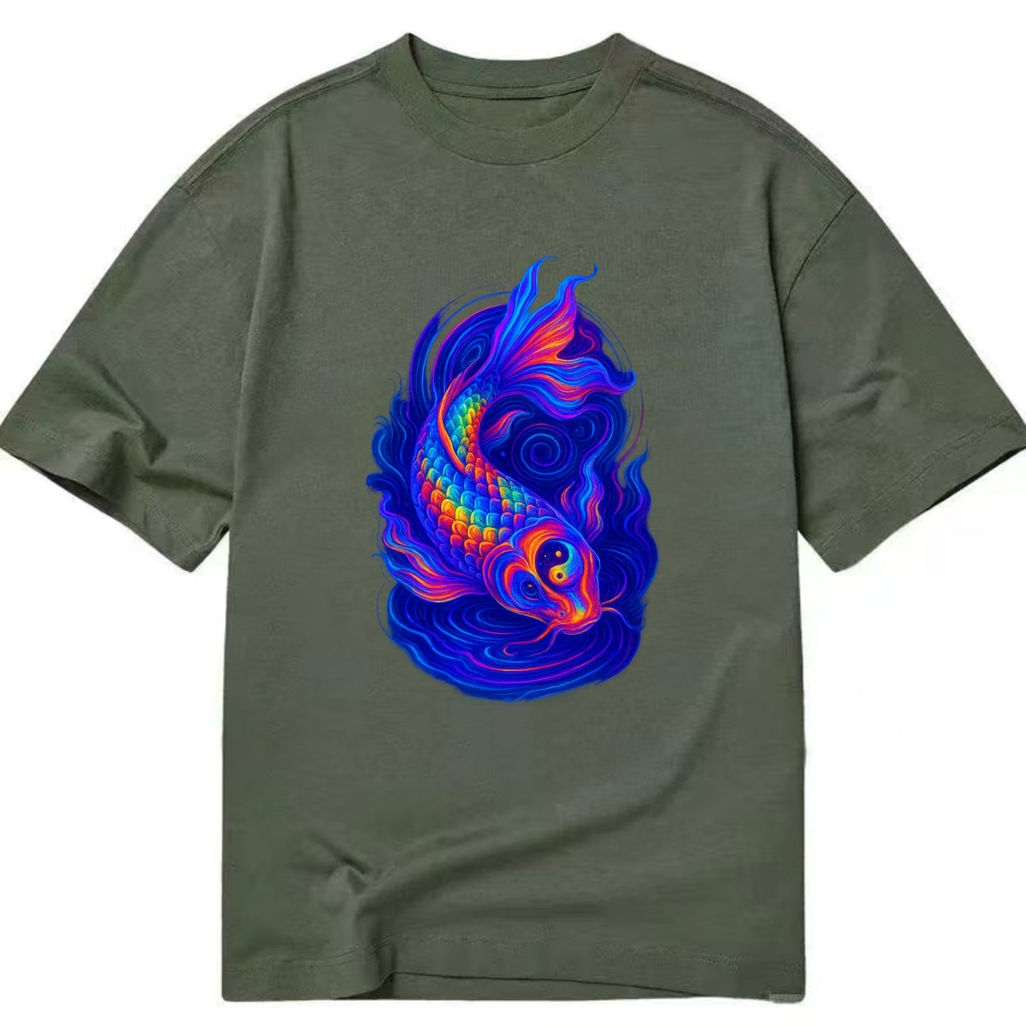 Sacred koi with scales reflecting rainbow prisms, yin-yang patterns in cosmic - Classic T-shirt - Army Green