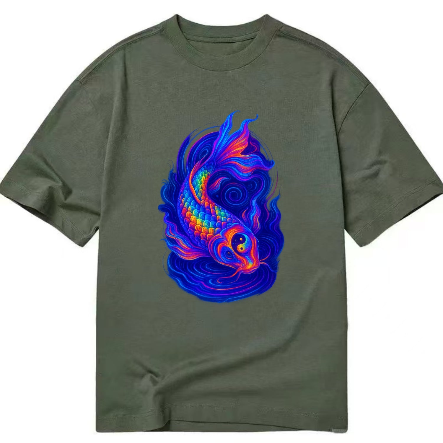 Sacred koi with scales reflecting rainbow prisms, yin-yang patterns in cosmic - Classic T-shirt - Army Green