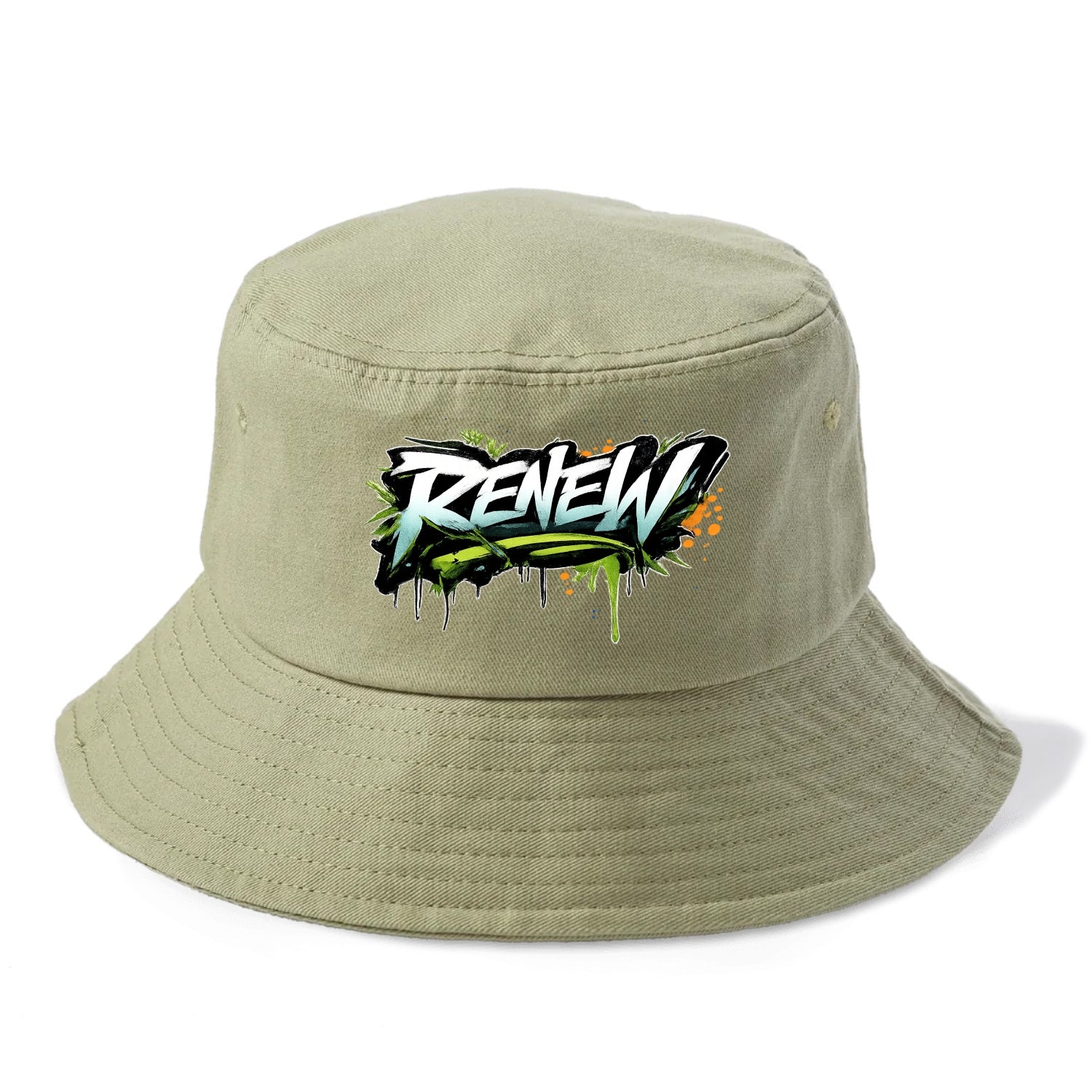 Bold typography design - "RENEW" - starting fresh, regenerating - Bucket Hat - Army Green