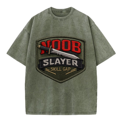 NOOB SLAYER - sword through noob text in red and silver , skill gap - Vintage T-shirt - Army Green