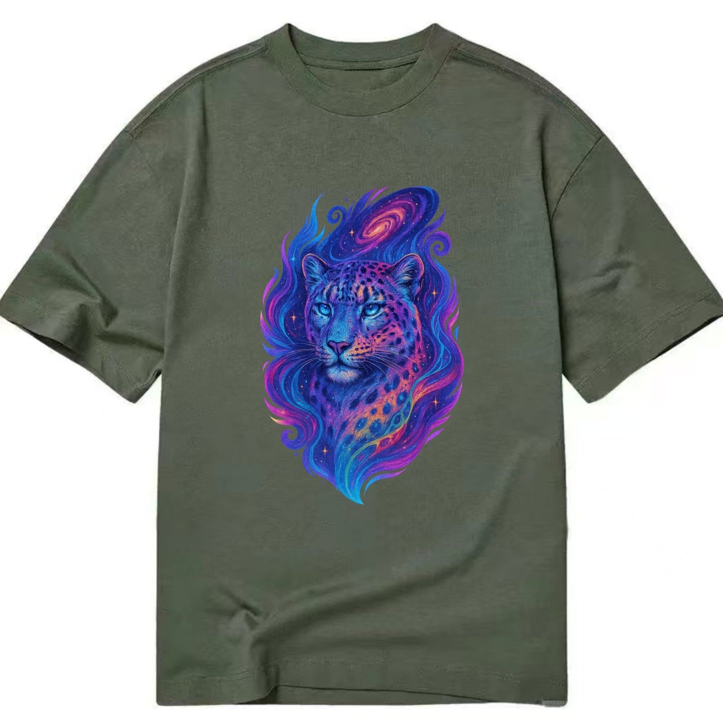 Majestic snow leopard with rainbow gradient spots, crystalline flowing patterns, - Classic T-shirt - Army Green