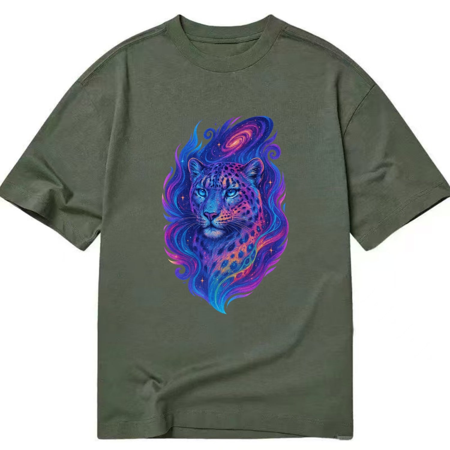 Majestic snow leopard with rainbow gradient spots, crystalline flowing patterns, - Classic T-shirt - Army Green