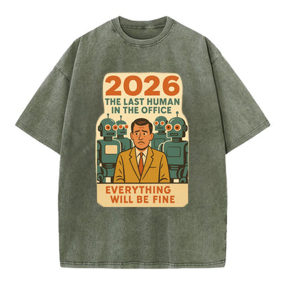 Single human worker surrounded by robot coworkers - "The last human in the office" - Vintage T-shirt - Army Green