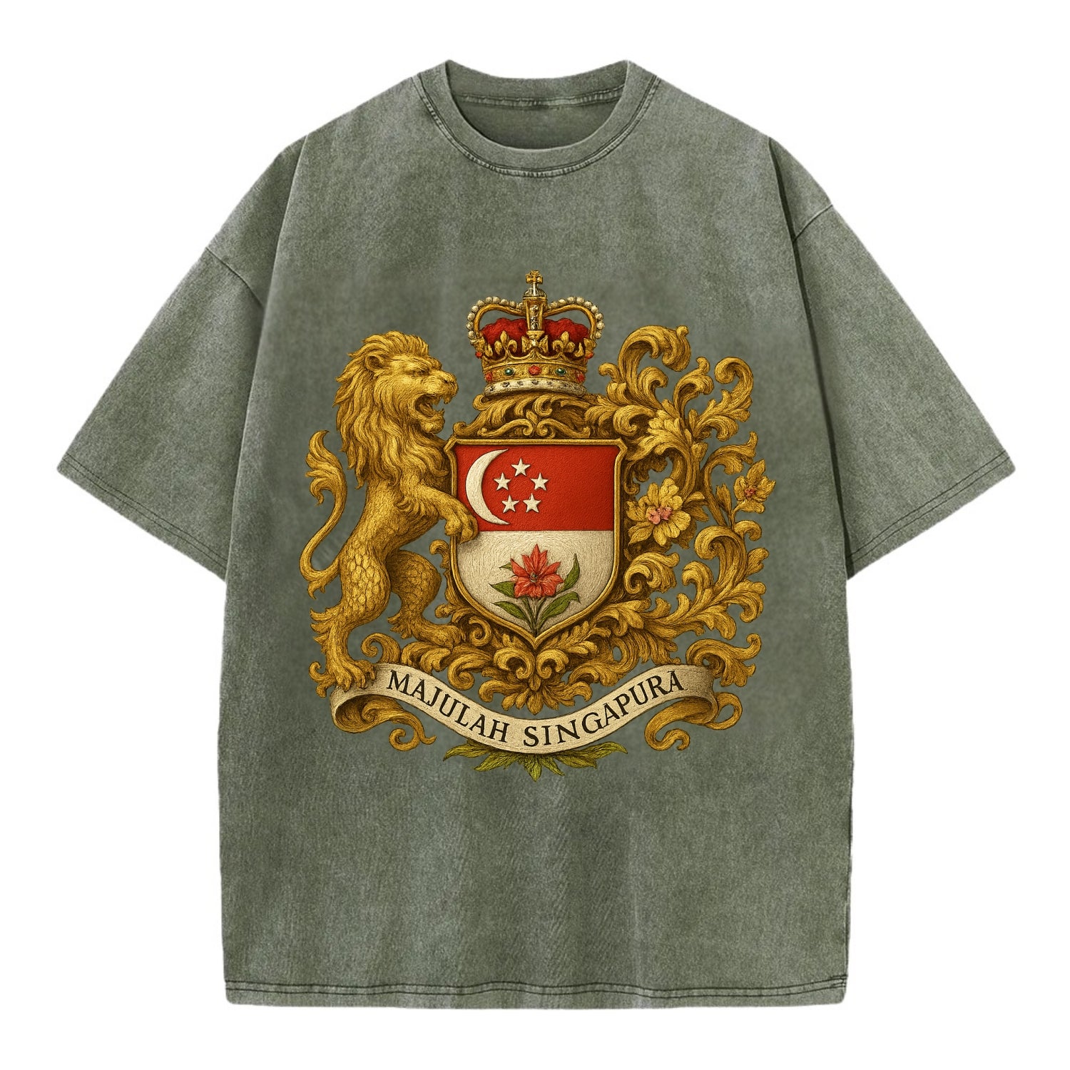 Singapore Merlion Emblem  - Vintage T-shirt - Army Green