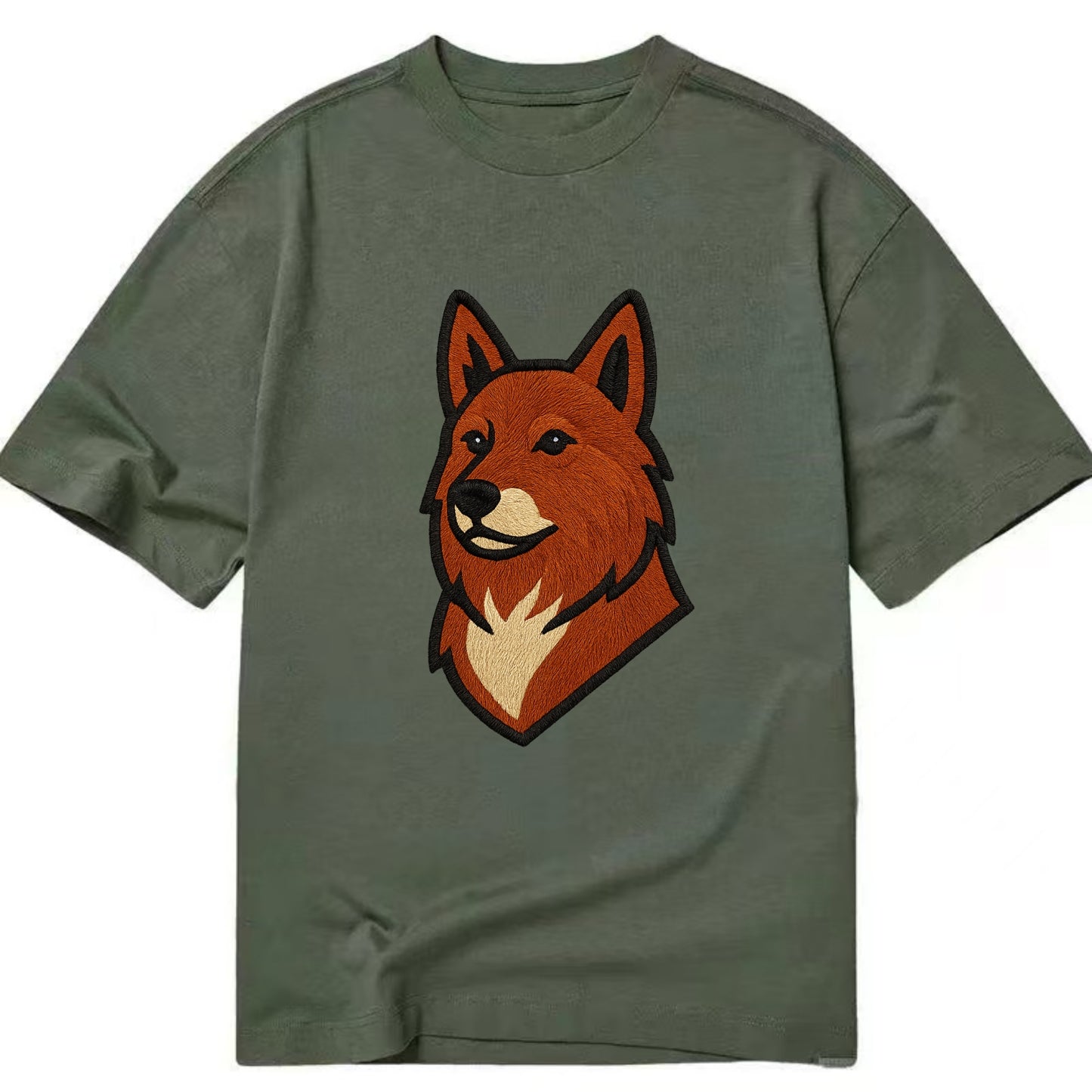 Finnish Spitz - Fox-red pointed ears embroidered pose - Classic T-shirt - Army Green