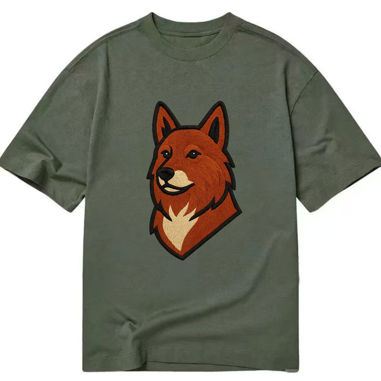 Finnish Spitz - Fox-red pointed ears embroidered pose - Classic T-shirt - Army Green