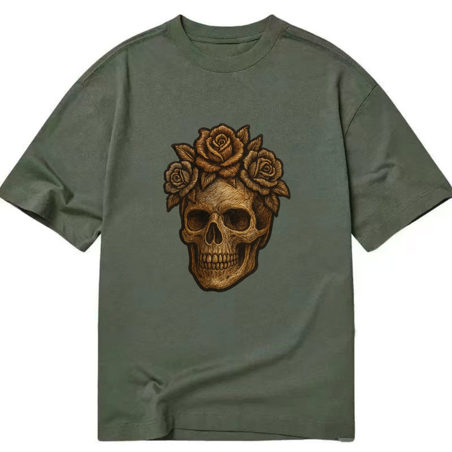 Skull and Roses  - Classic T-shirt - Army Green