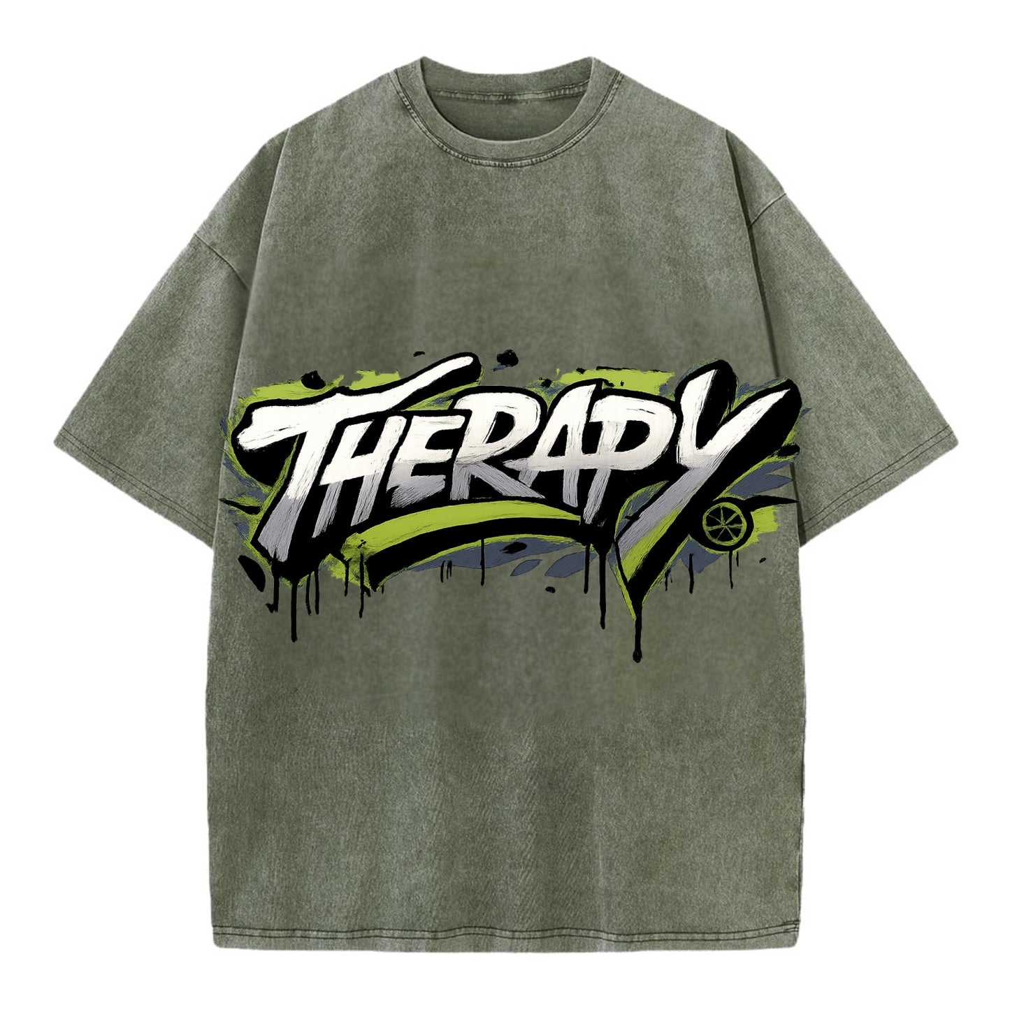 Bold typography design - "THERAPY" - mental health, getting help - Vintage T-shirt - Army Green