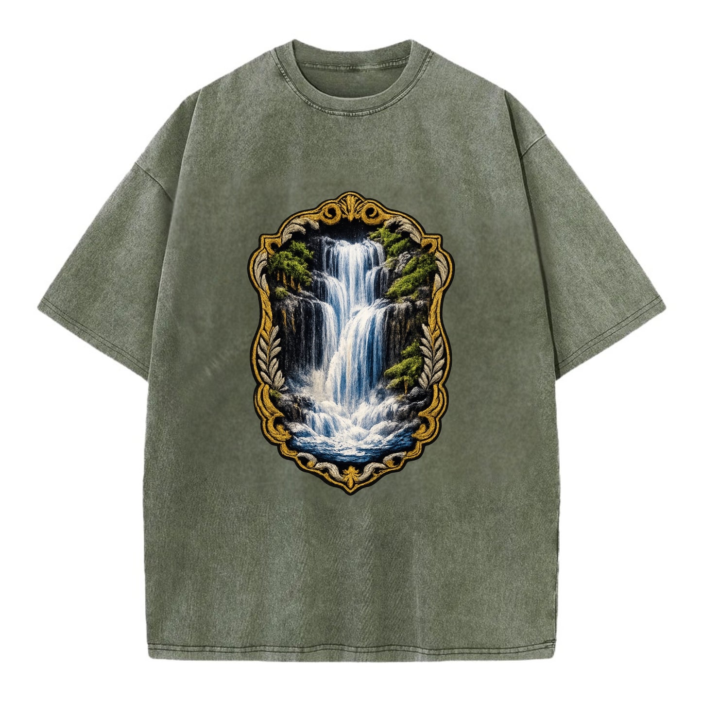 WATERFALL CASCADE - falling water with mist in blue and white , nature wonder - Vintage T-shirt - Army Green