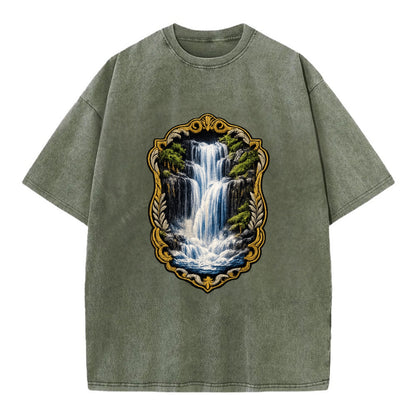 WATERFALL CASCADE - falling water with mist in blue and white , nature wonder - Vintage T-shirt - Army Green
