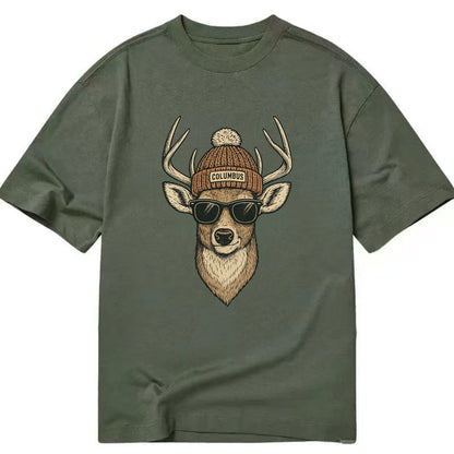 Ohio White-tailed Deer wearing Columbus beanie with pom pom and wayfarer - Classic T-shirt - Army Green
