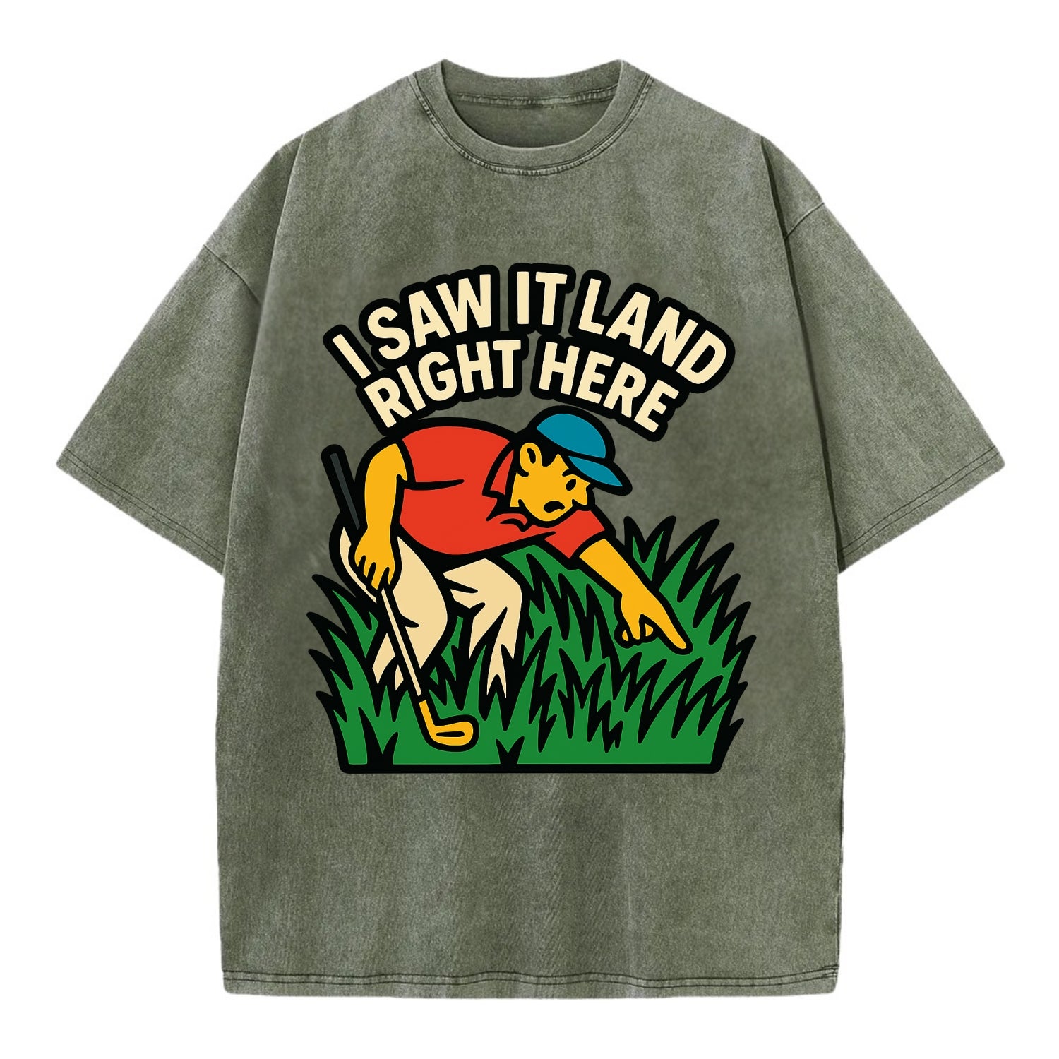 Golfer searching in deep rough - "I Saw It Land Right Here" - lost ball saga - Vintage T-shirt - Army Green