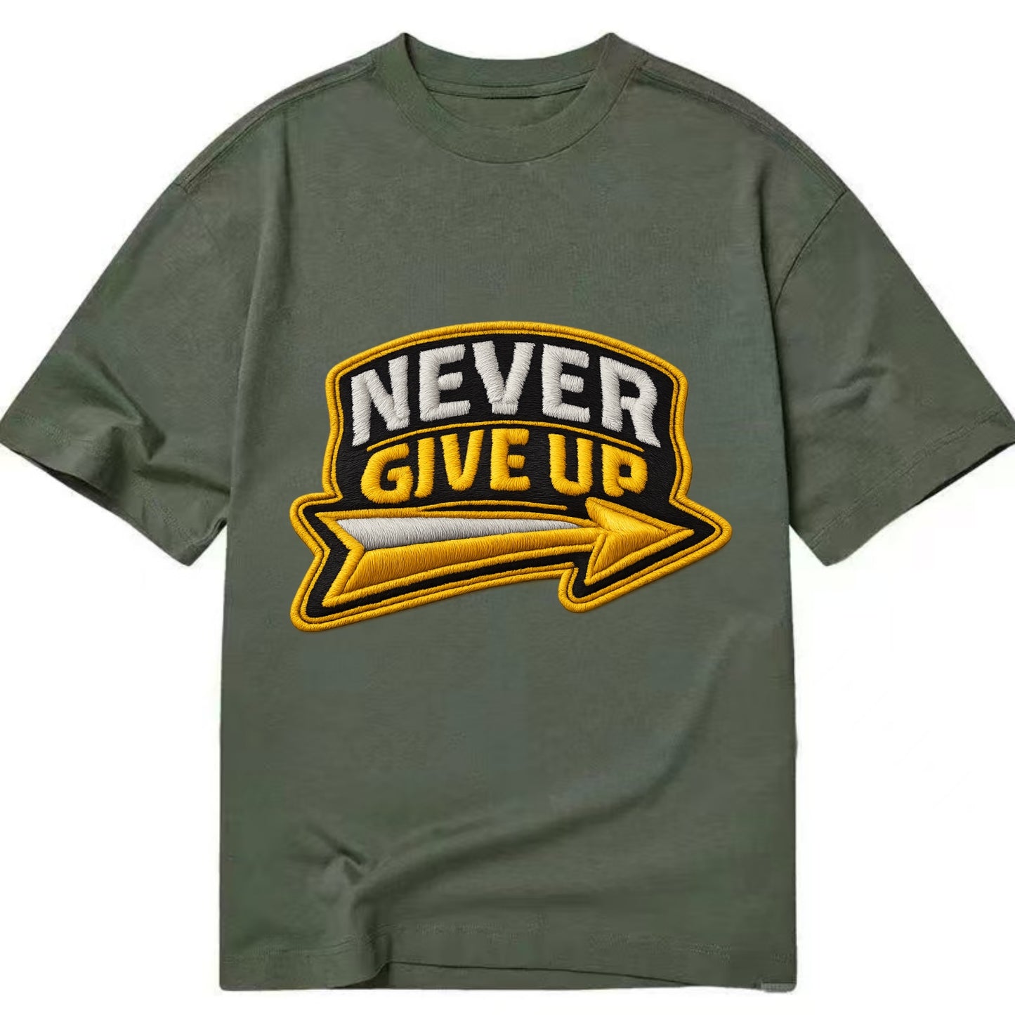 NEVER GIVE UP - bold text with arrow in gold , determination - Classic T-shirt - Army Green