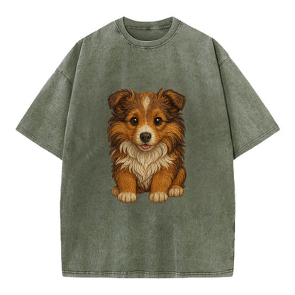 Baby Shetland Sheepdog Puppy - mini collie look, flowing mane, intelligent eyes, - Vintage T-shirt - Army Green
