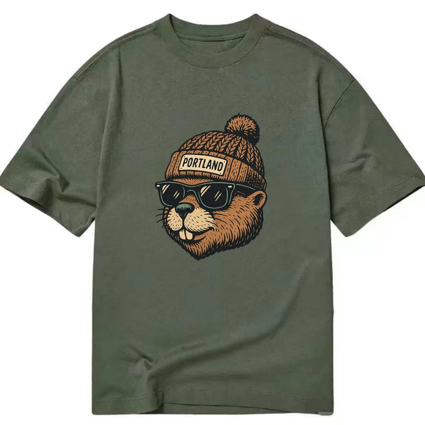 Portland Beaver wearing Portland beanie with pom pom and wayfarer sunglasses - Classic T-shirt - Army Green