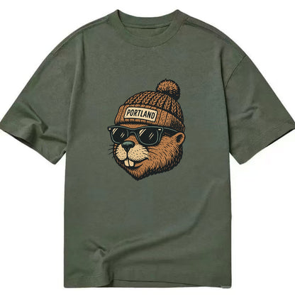 Portland Beaver wearing Portland beanie with pom pom and wayfarer sunglasses - Classic T-shirt - Army Green