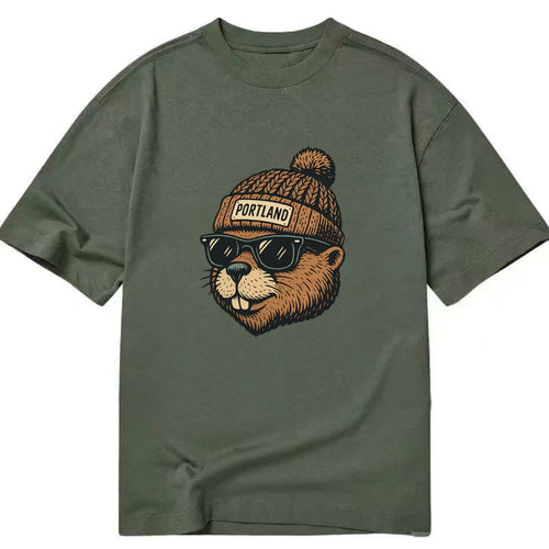 Portland Beaver wearing Portland beanie with pom pom and wayfarer sunglasses - Classic T-shirt