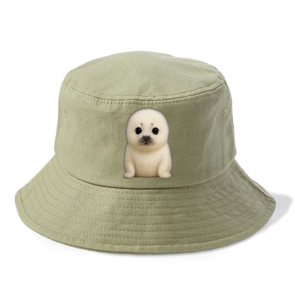 Baby Harp Seal - pure white fluffy fur, enormous dark eyes, front-facing, iconic cute - Bucket Hat - Army Green
