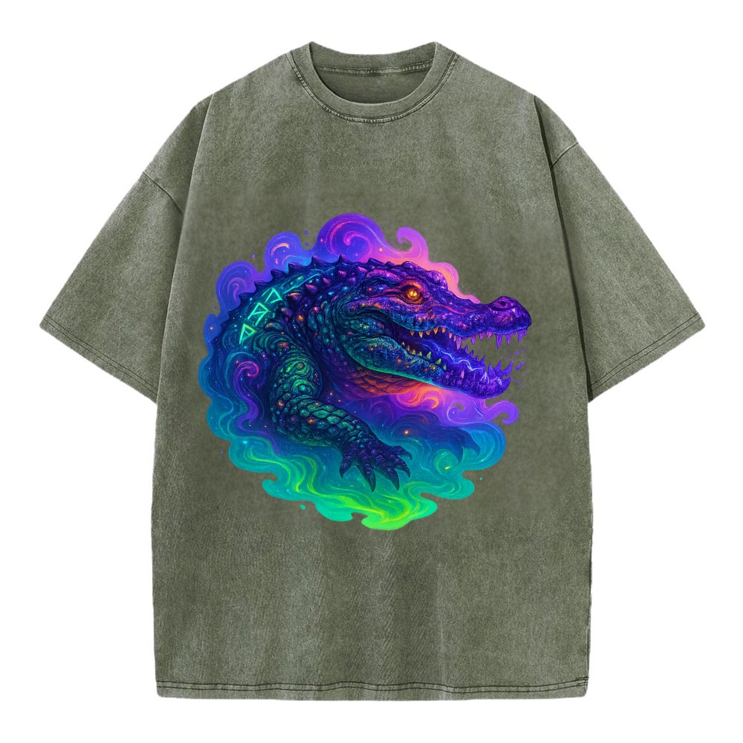 Primordial crocodile with scales pulsing plasma energy in green and purple, - Vintage T-shirt - Army Green