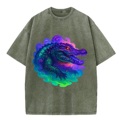 Primordial crocodile with scales pulsing plasma energy in green and purple, - Vintage T-shirt - Army Green