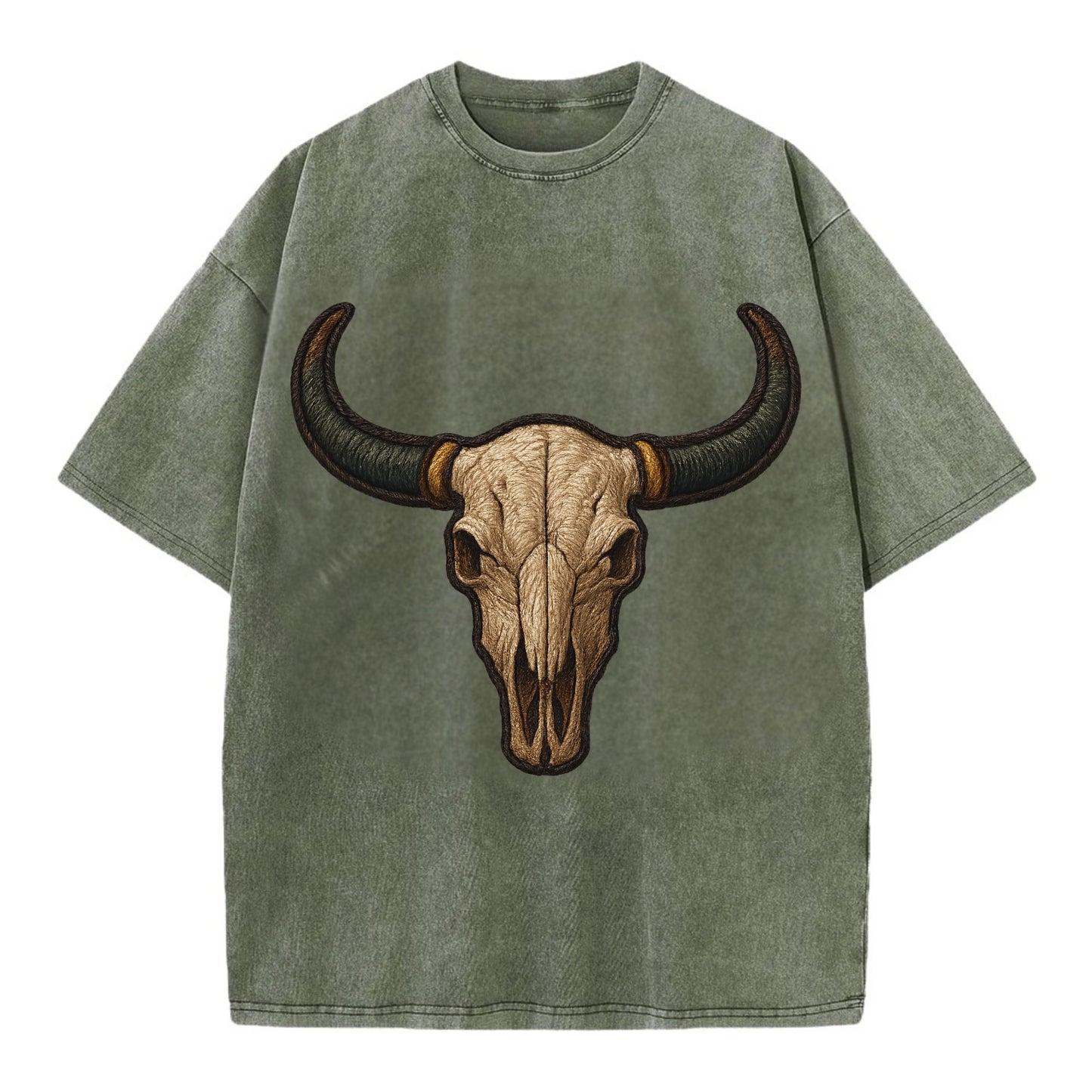 Bull Skull  - Vintage T-shirt - Army Green