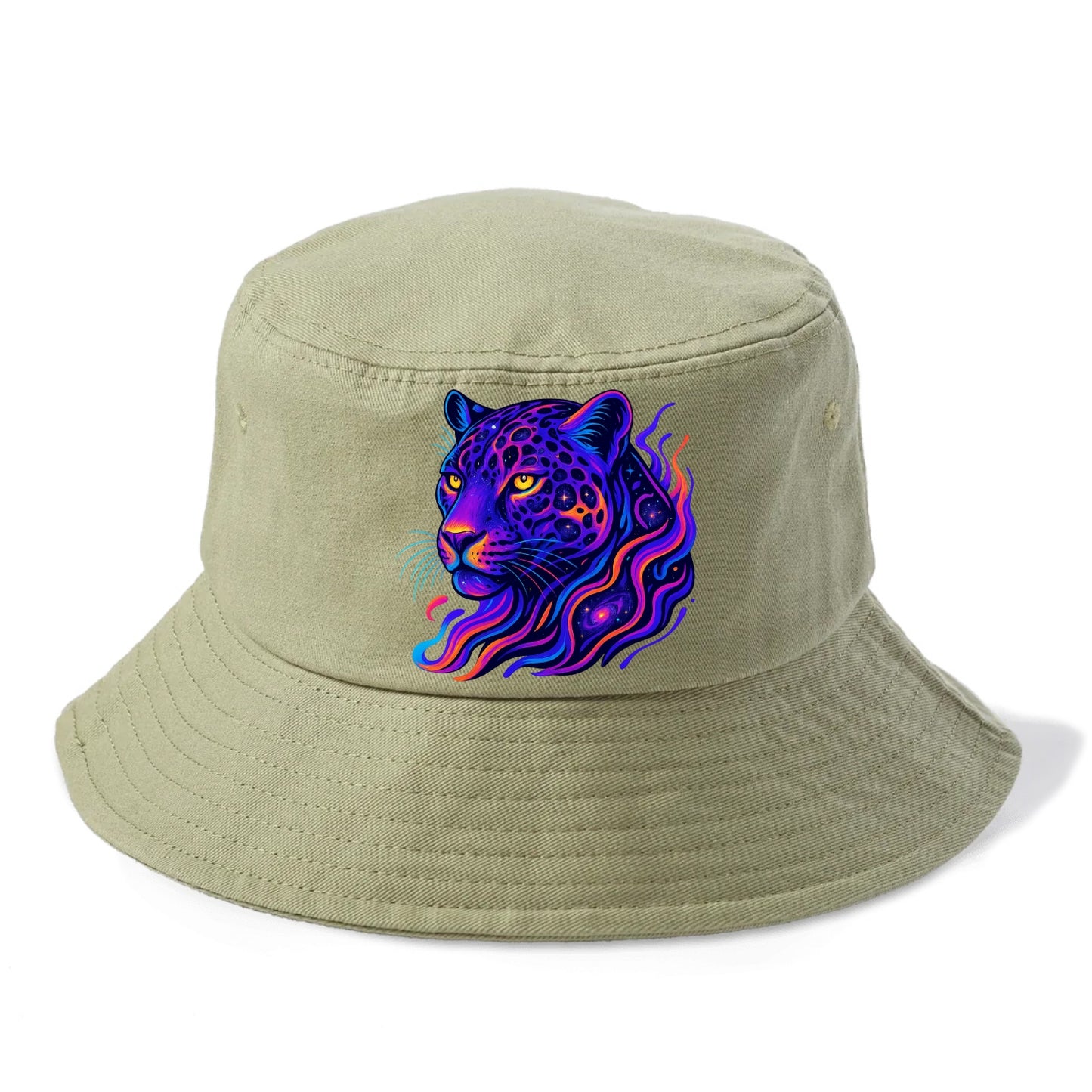 Powerful jaguar with rosettes containing miniature galaxies, cosmic purple and orange - Bucket Hat - Army Green