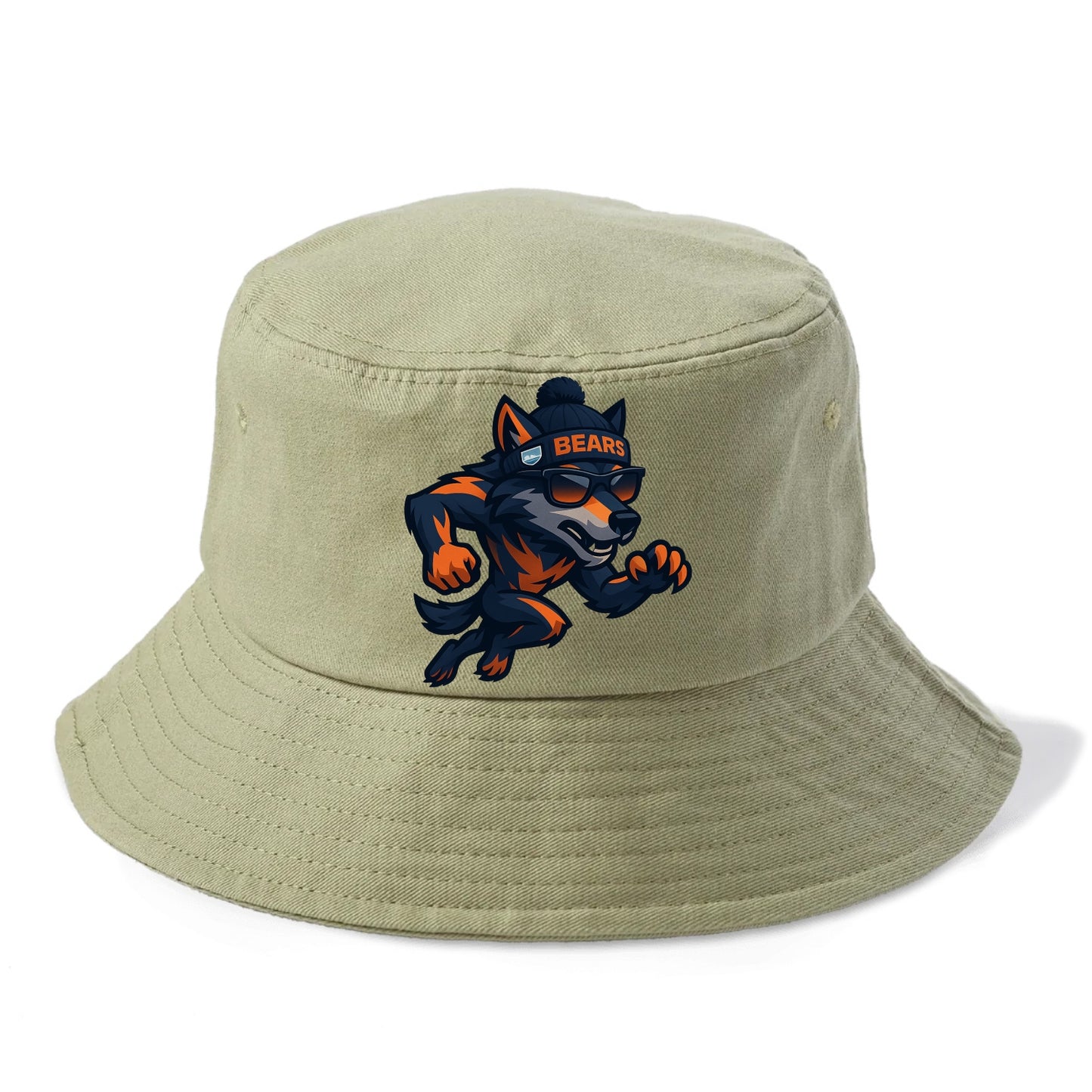 Chicago Wolf wearing Bears beanie with Lake Michigan patch and wayfarer sunglasses - Bucket Hat - Army Green