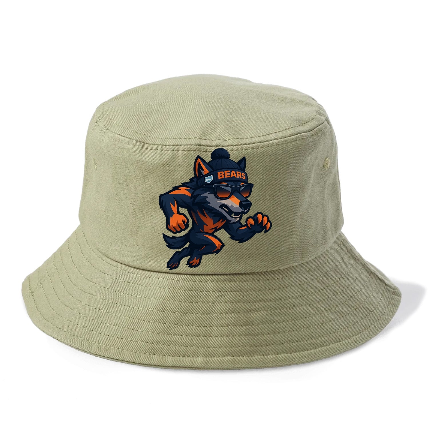 Chicago Wolf wearing Bears beanie with Lake Michigan patch and wayfarer sunglasses - Bucket Hat - Army Green