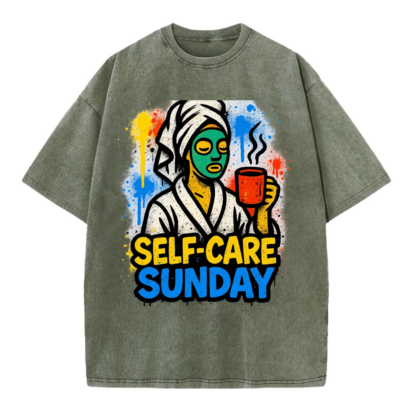 Person in bathrobe with face mask and tea - self-care Sunday ritual, wellness - Vintage T-shirt - Army Green