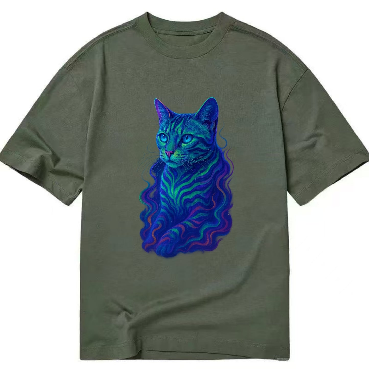 Exotic Bengal cat with aurora borealis colors flowing through its stripes, green - Classic T-shirt - Army Green