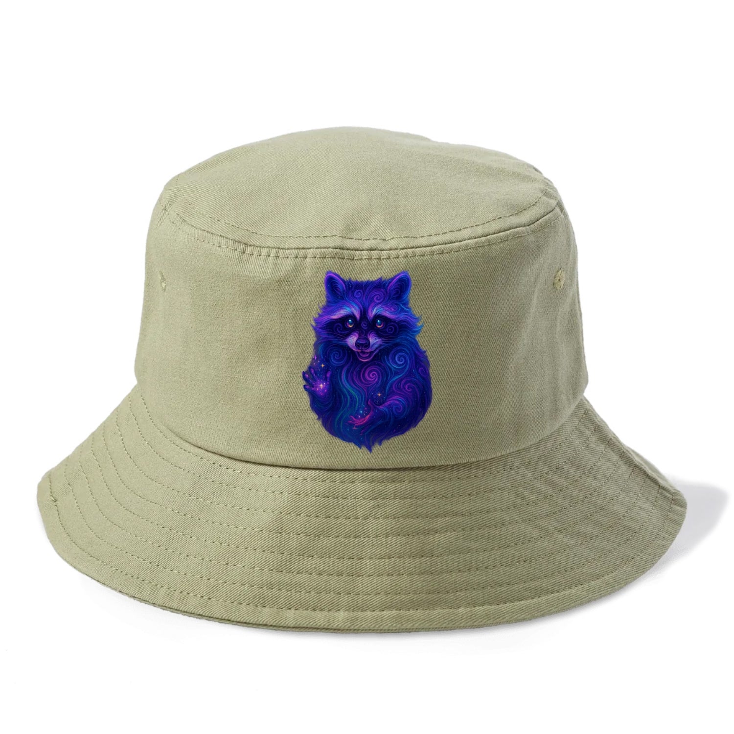 Playful raccoon with mask swirling in hypnotic patterns, neon purple and green fur - Bucket Hat - Army Green