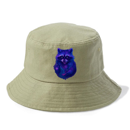 Playful raccoon with mask swirling in hypnotic patterns, neon purple and green fur - Bucket Hat - Army Green