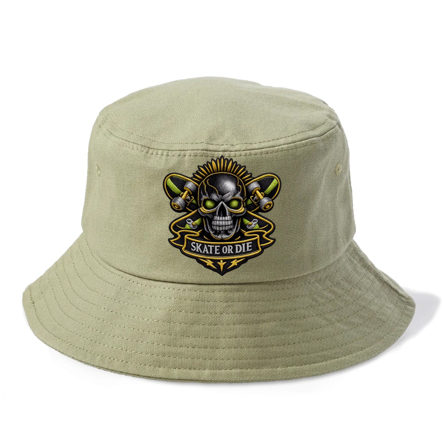 Embroidered patch design - SKATEBOARD SKULL - skull with skateboard in black and neon - Bucket Hat - Army Green