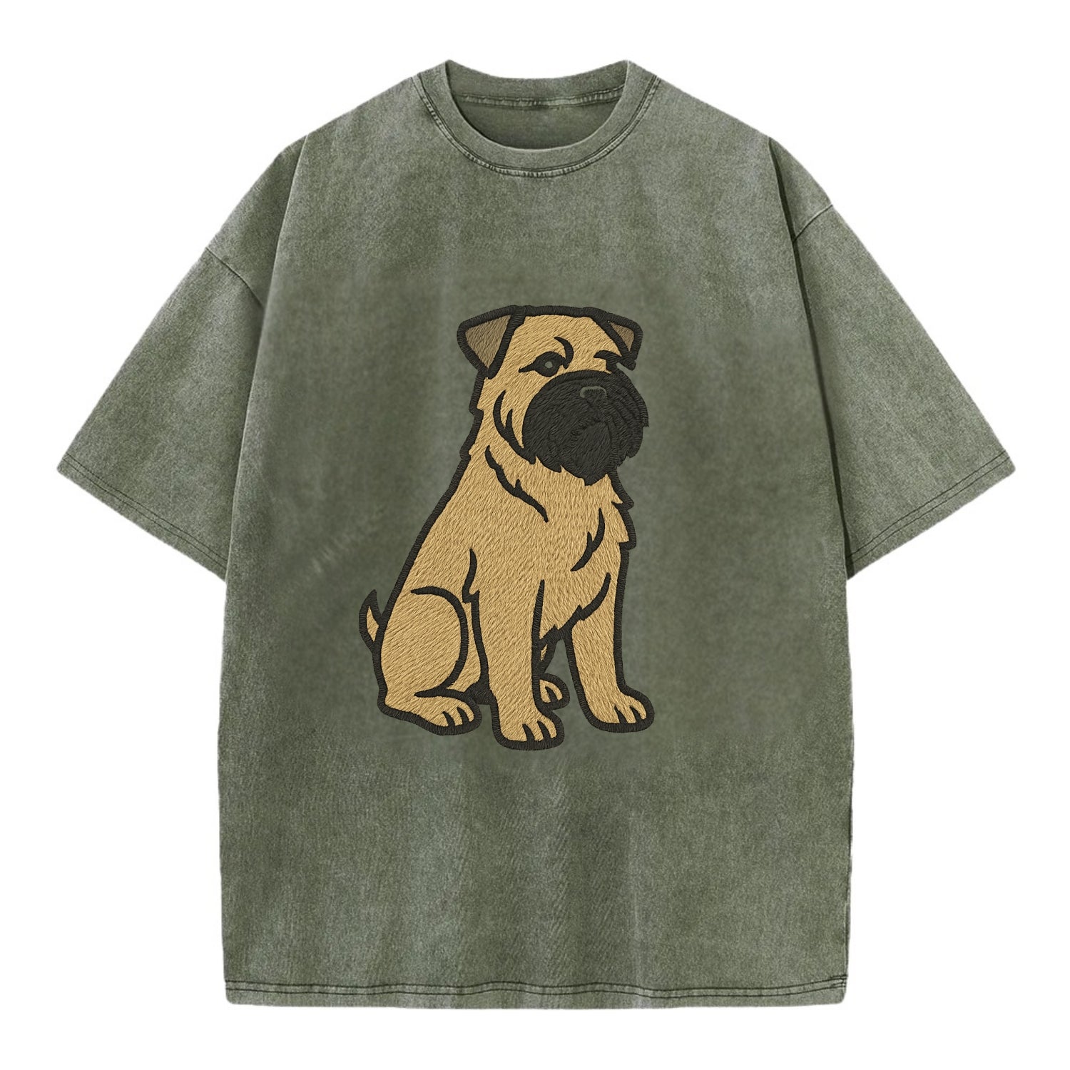 Bouvier des Flandres - Fawn rough coat embroidered design - Vintage T-shirt - Army Green