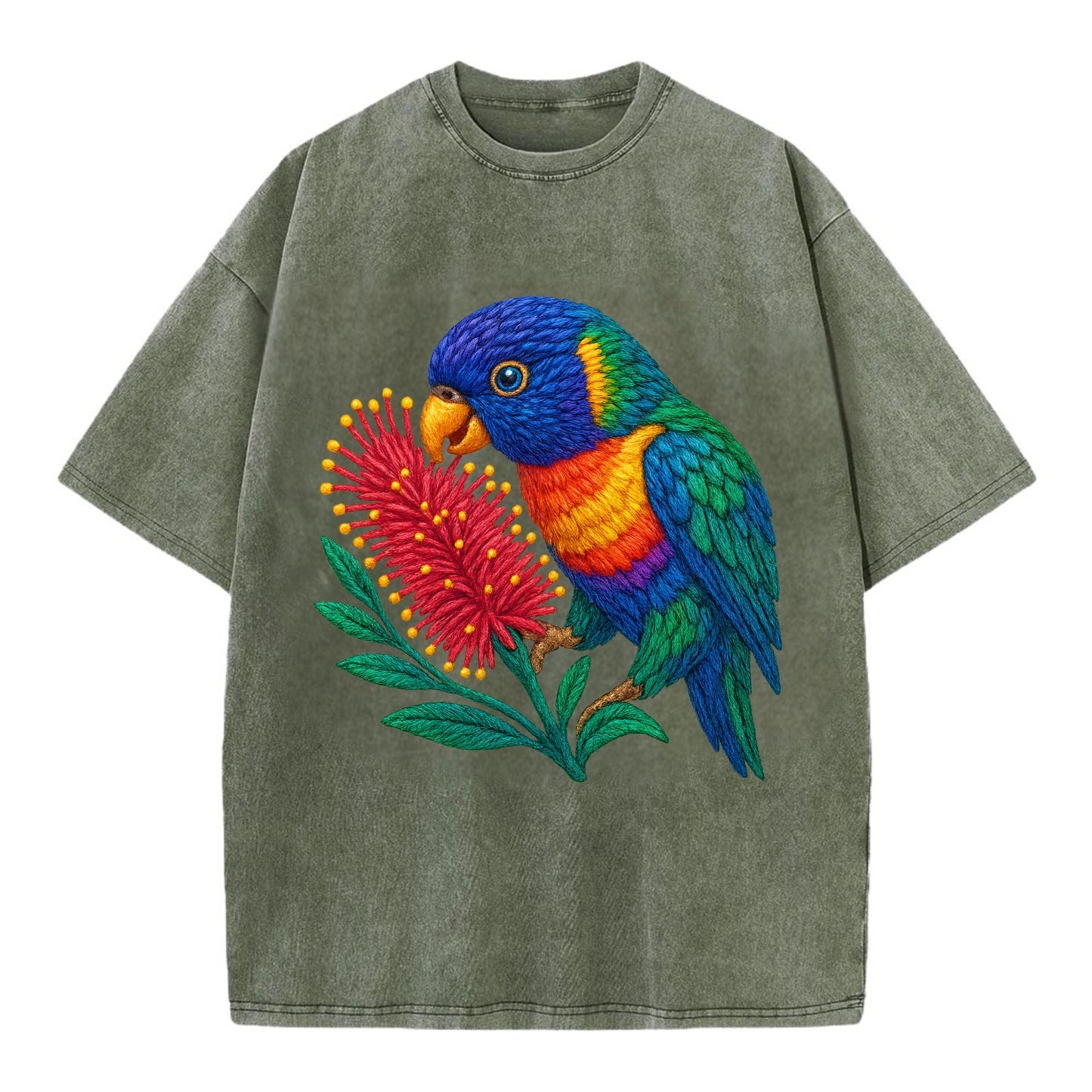 Rainbow Lorikeet Bottlebrush - Vintage T-shirt - Army Green