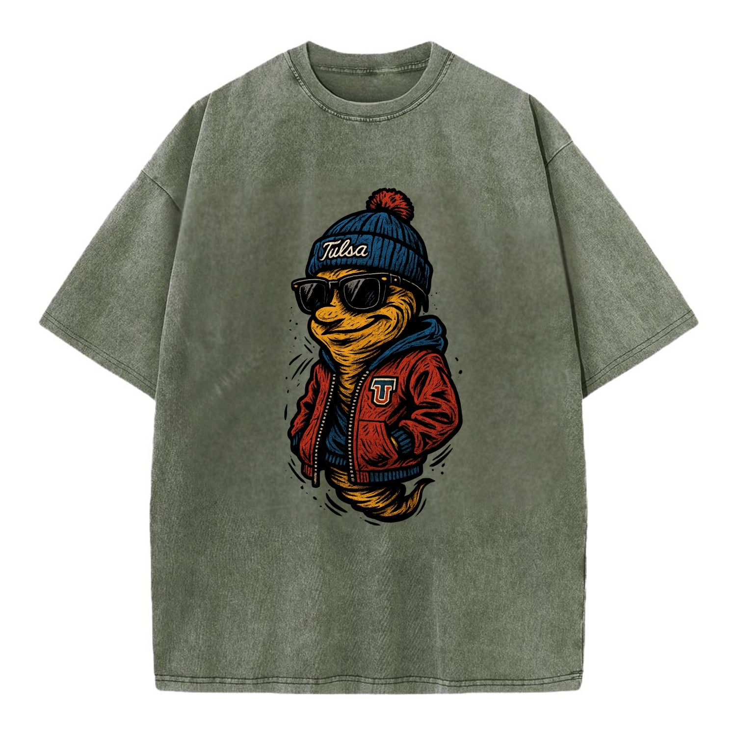 Tulsa Hurricane wearing Tulsa beanie with TU patch - Vintage T-shirt - Army Green