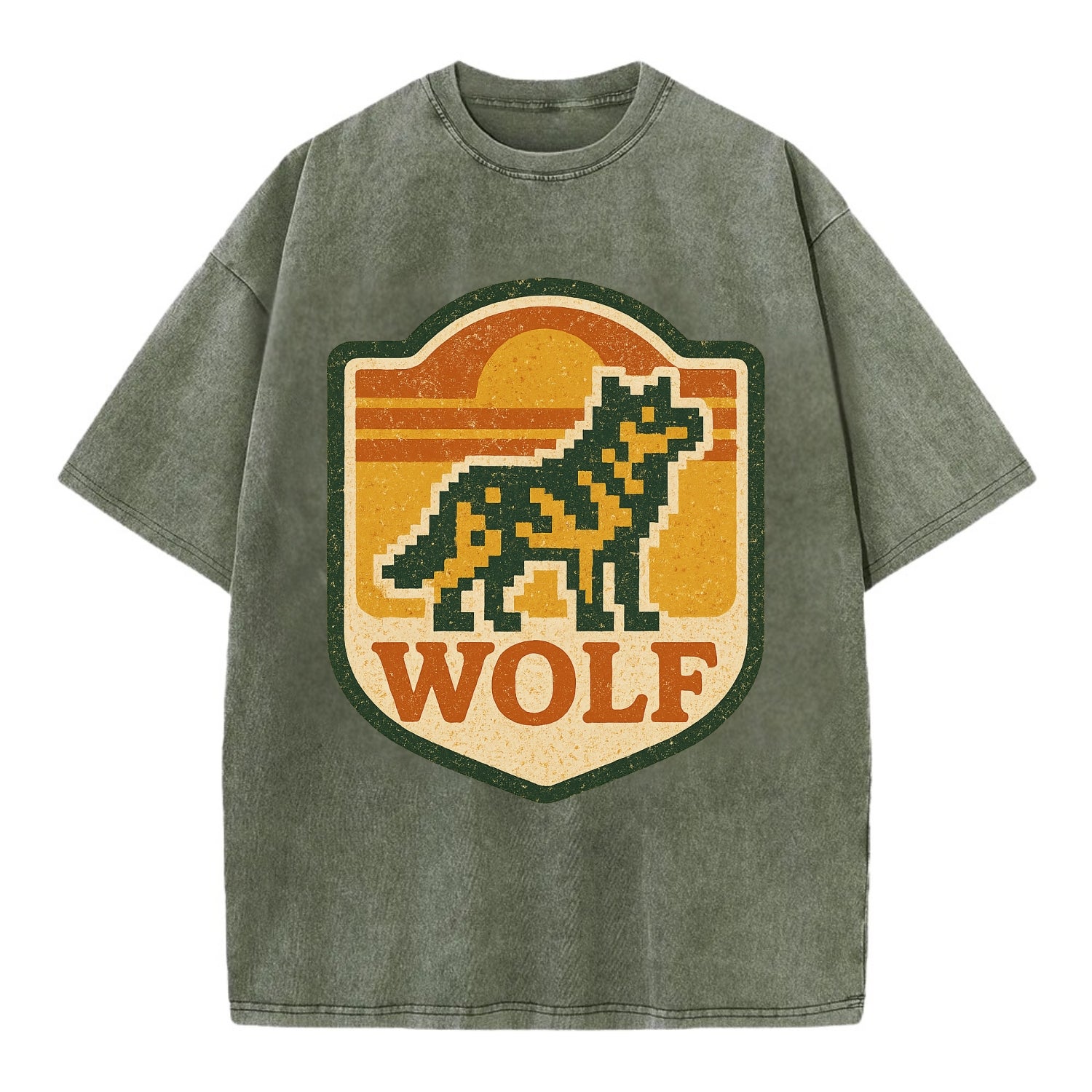 Digital Pixel Wolf  - Vintage T-shirt - Army Green