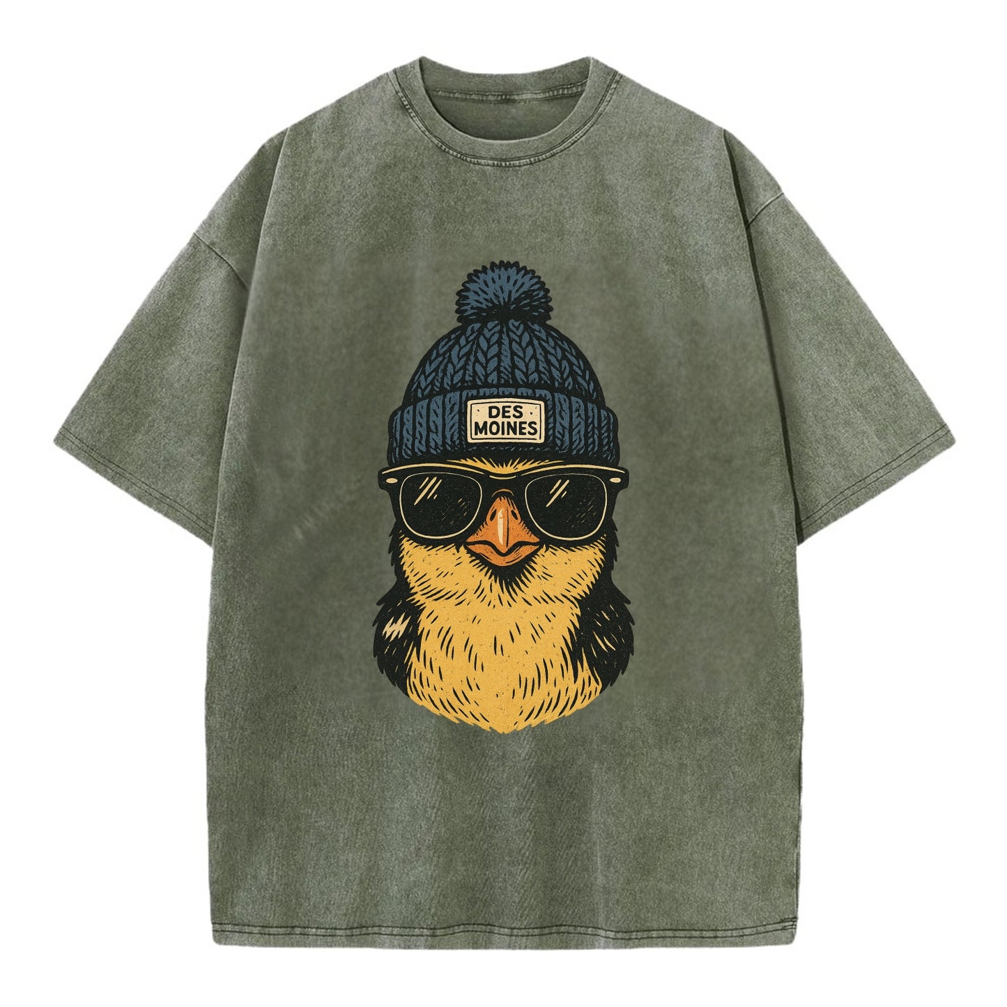 Iowa Goldfinch wearing Des Moines beanie with pom pom and wayfarer sunglasses - Vintage T-shirt - Army Green