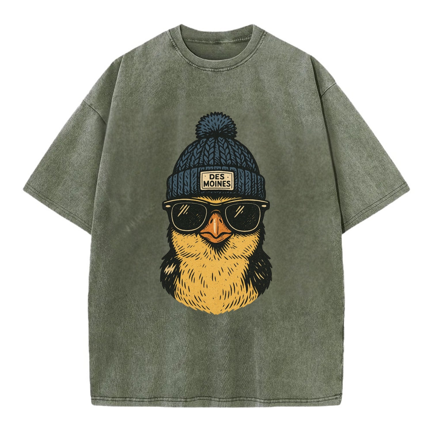 Iowa Goldfinch wearing Des Moines beanie with pom pom and wayfarer sunglasses - Vintage T-shirt - Army Green