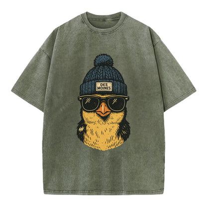 Iowa Goldfinch wearing Des Moines beanie with pom pom and wayfarer sunglasses - Vintage T-shirt - Army Green